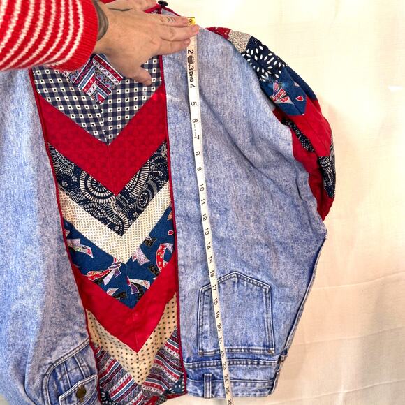 Upcycled Patchwork Denim Jacket Women L Quilted Retro Cotton Ecclectic Boho OOAK - Picture 13 of 16